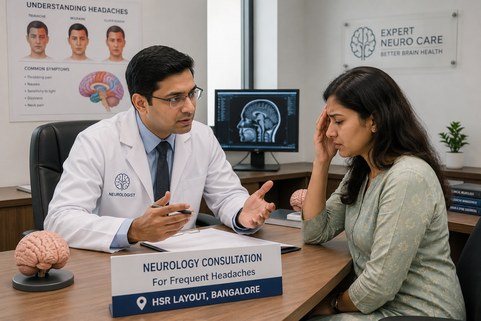 Neurologist consulting with patient about frequent headaches in HSR Layout
